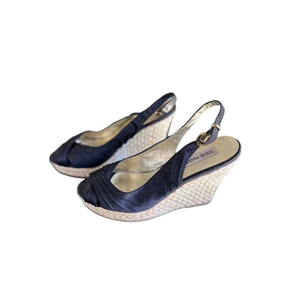 Steve Madden Black Satin Slingback Rope Platform Wedge Size 8 - Picture 1 of 6
